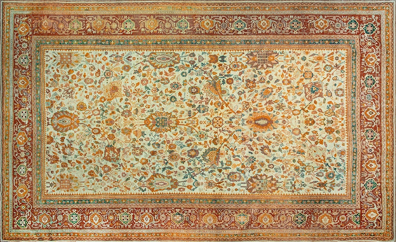 Hand-knotted antique oushak wool area rug featuring a subtle ivory and beige palette - by rugs on net