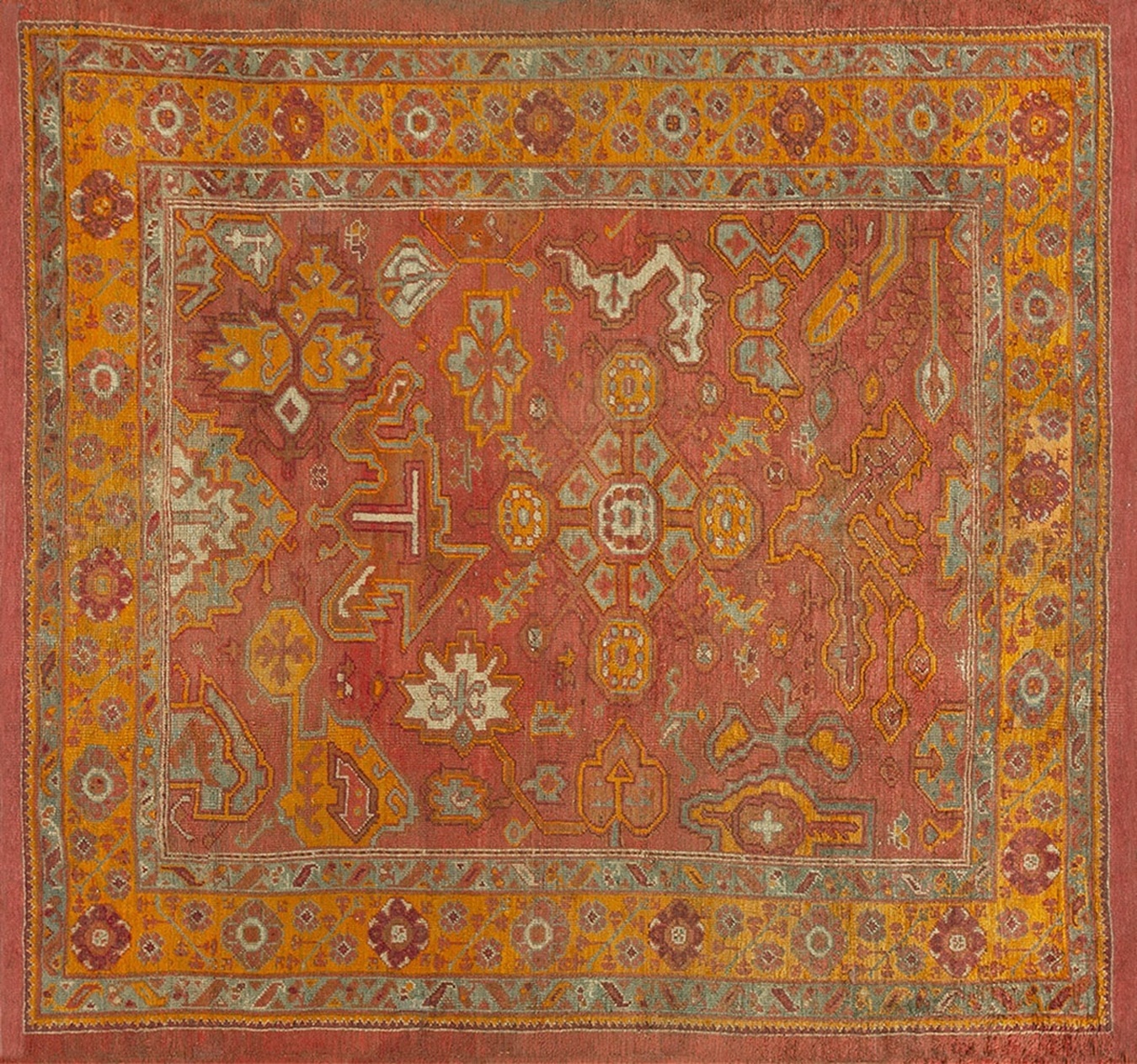 Hand-knotted antique oushak rug in soft beige, blue, and terracotta tones with central geometric medallion - by rugs on net