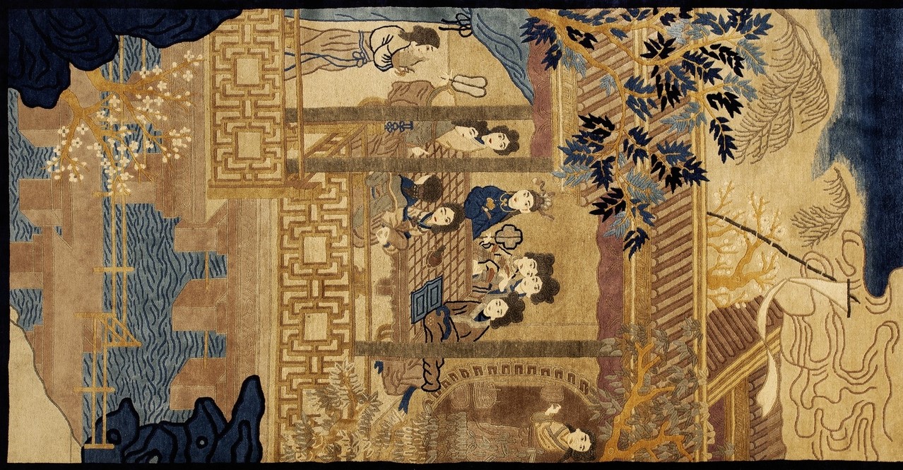 Long antique peking wool hallway runner rug featuring rich brown and beige floral designs - by rugs on net