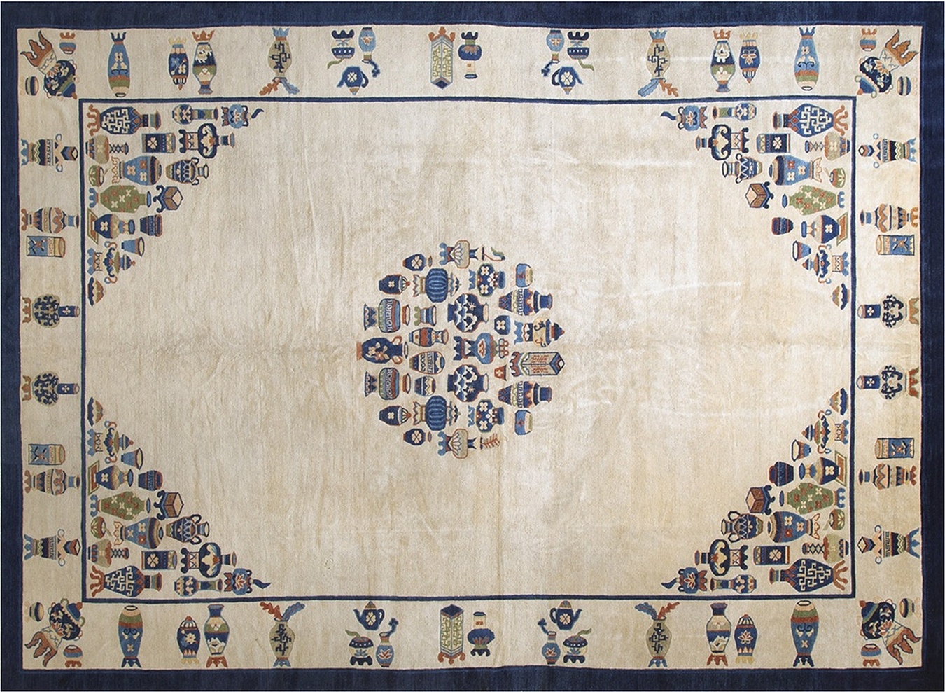 Full view of a large antique peking rug displaying soft pastel yellow and blue tones - by rugs on net