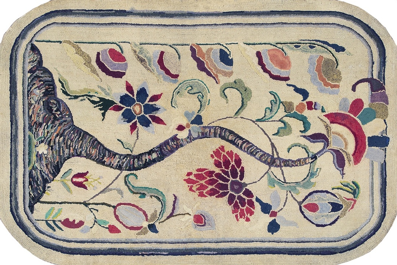 Full view of an antique 1930s american hooked rug featuring stylized geometric patterns - by rugs on net