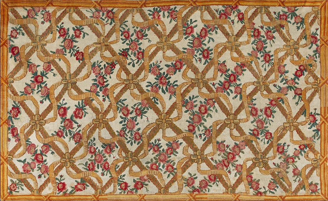 Full view of an antique french savonnerie knotted rug featuring complex allover floral designs - by rugs on net