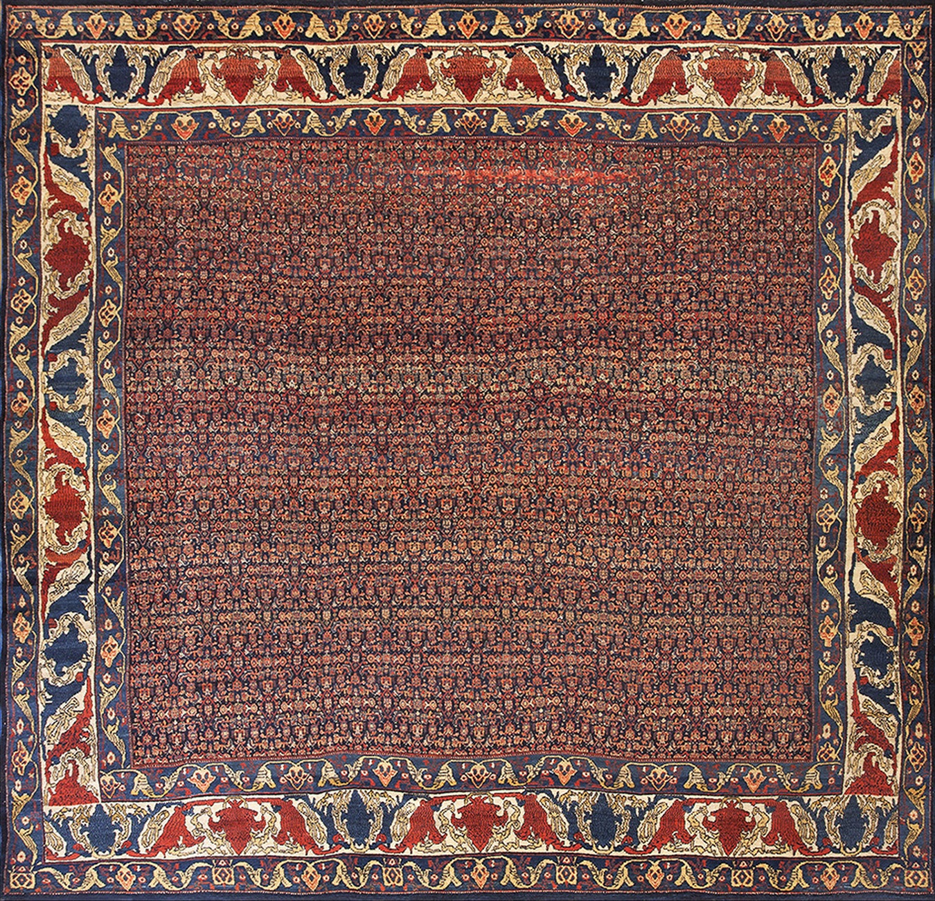 Antique senneh room size dark wool rug featuring intricate geometric motifs - by rugs on net