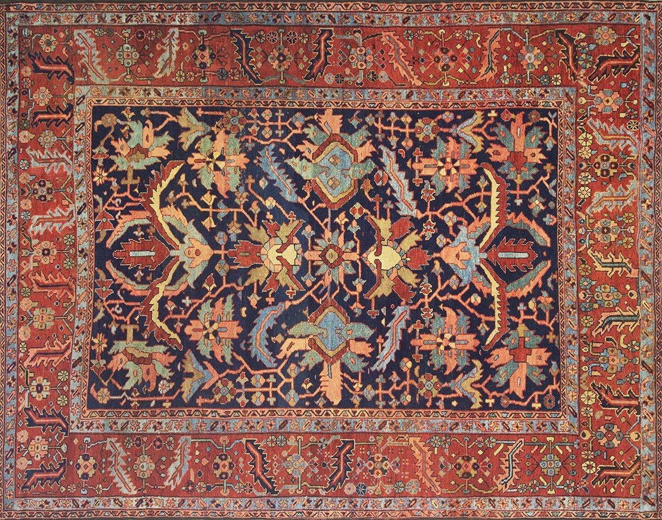 Antique serapi persian hand-knotted rug showing central geometric medallion and faded blue field - by rugs on net