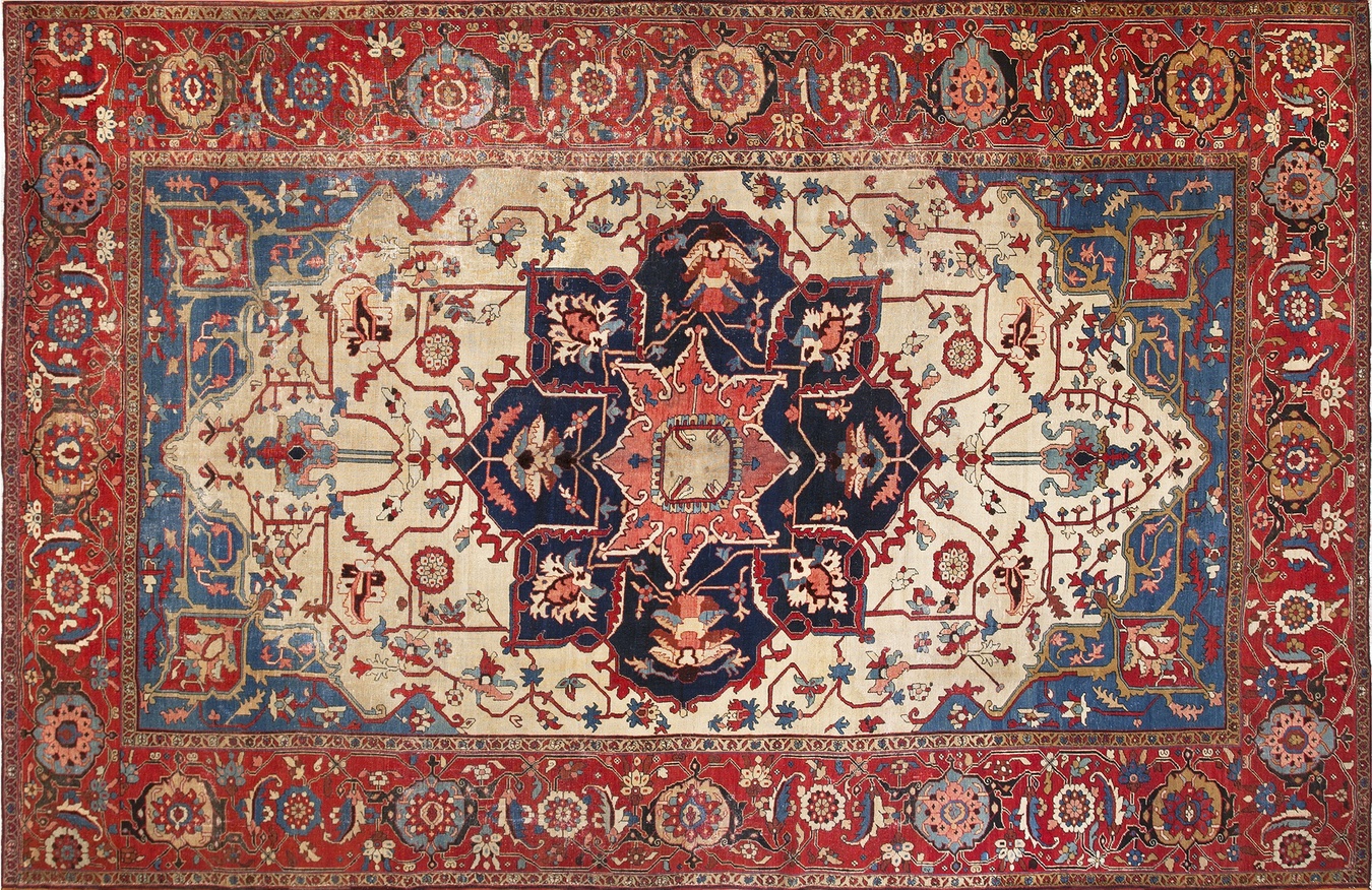 Room size antique serapi wool rug with muted earth tones and central medallion design - by rugs on net