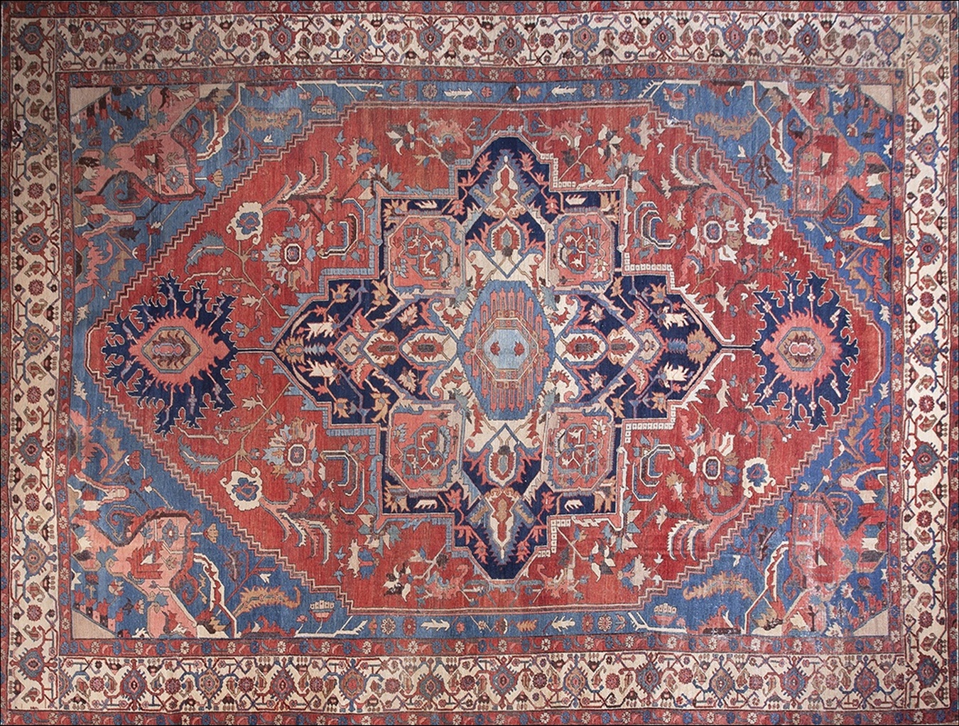 Antique serapi persian rug featuring a large central geometric medallion and rust borders - by rugs on net