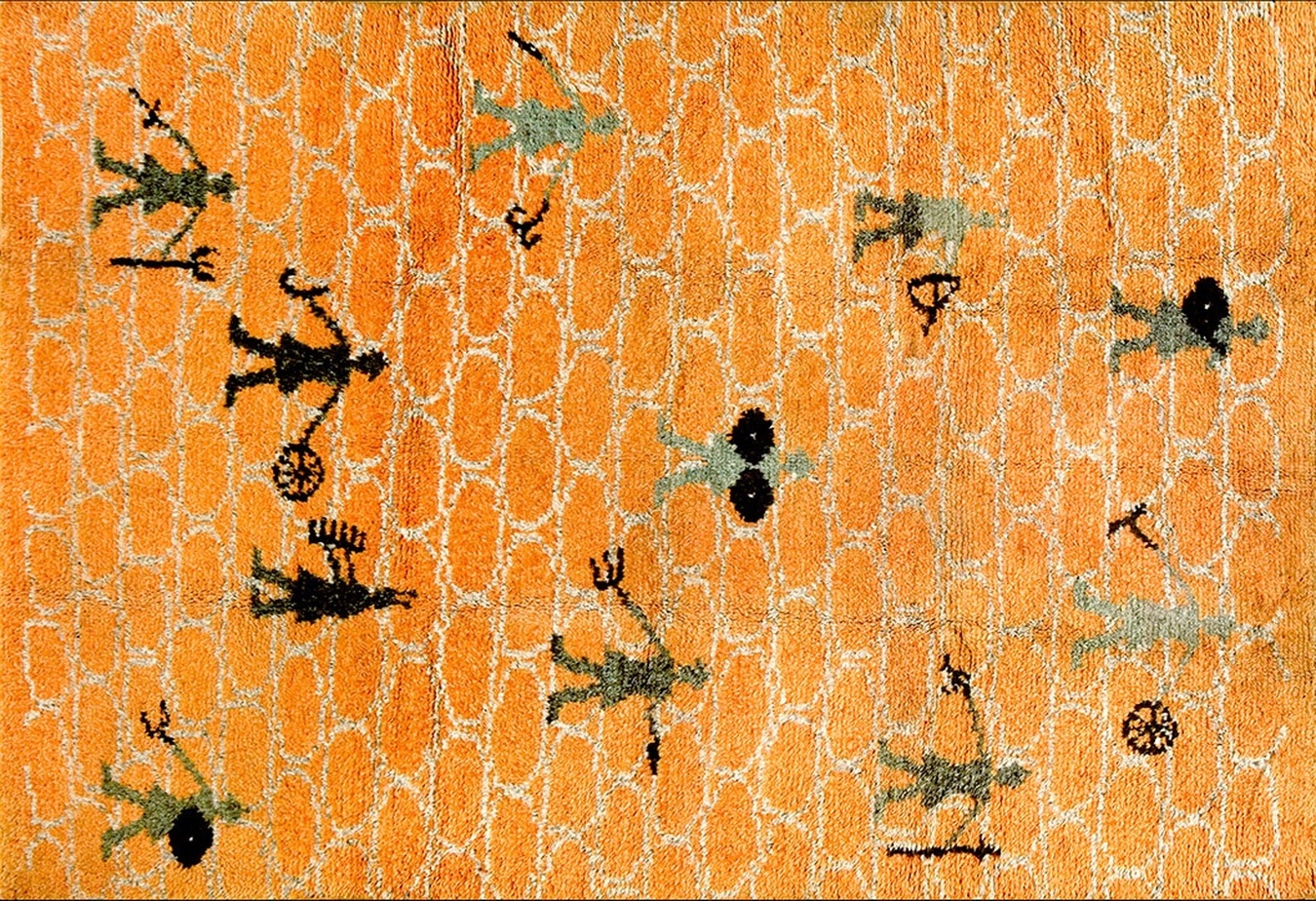 Full view of an antique traditional rug featuring muted colors and detailed geometric patterns - by rugs on net