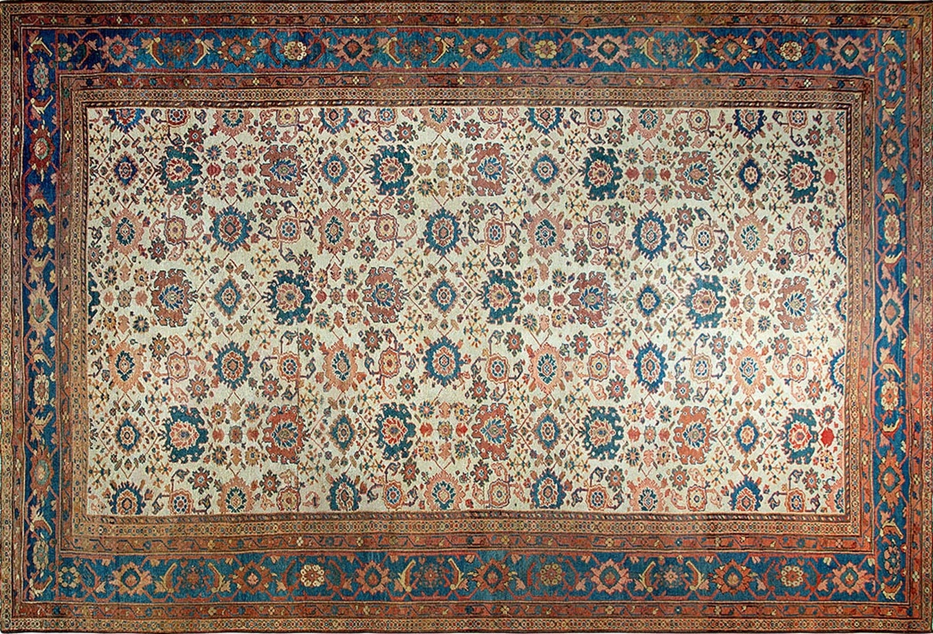 Antique sultanabad persian large hand-knotted wool rug displaying ivory, cream, and beige hues - by rugs on net