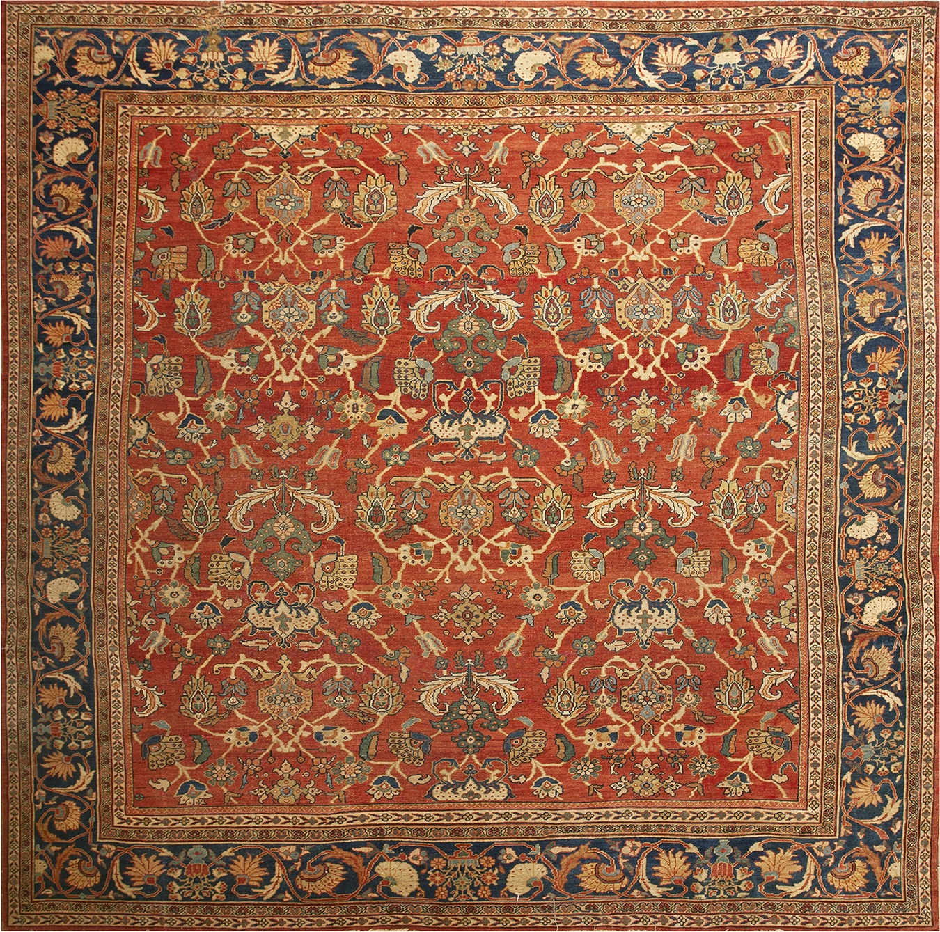 Large antique sultanabad wool rug showing deep red and blue colors in a detailed floral pattern - by rugs on net