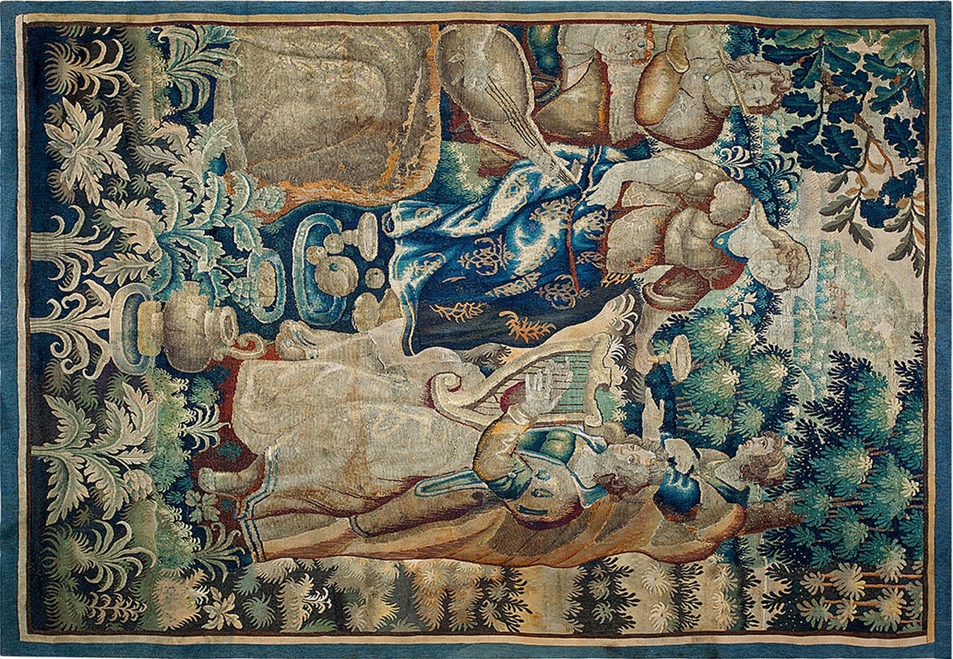 Rare antique belgian tapestry rug from the 1650s featuring a complex, faded multicolor design - by rugs on net