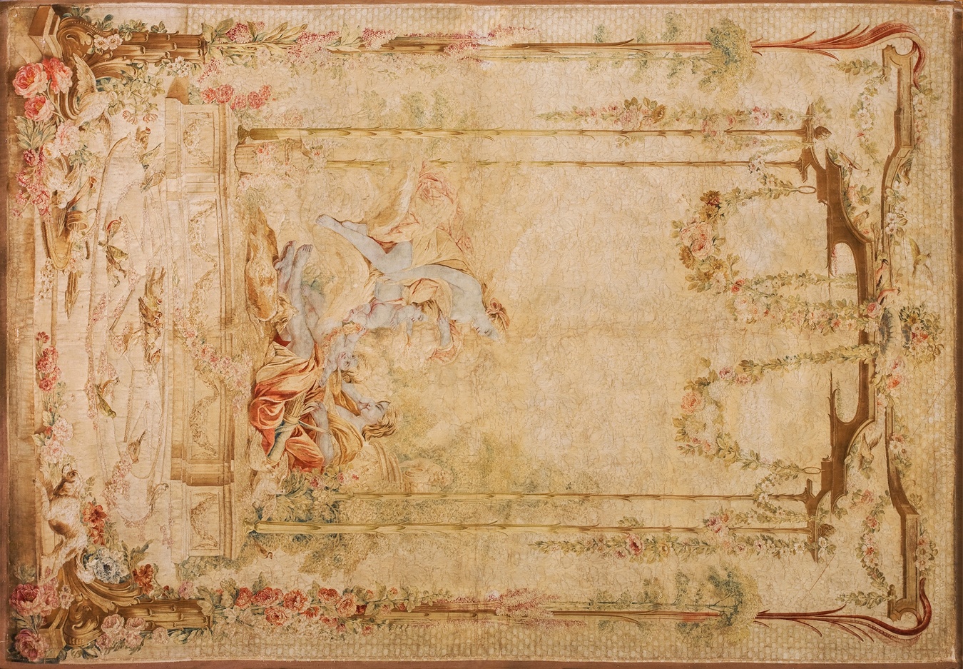 Ivory antique french tapestry rug from the 1750s featuring subtle floral and scrollwork designs - by rugs on net