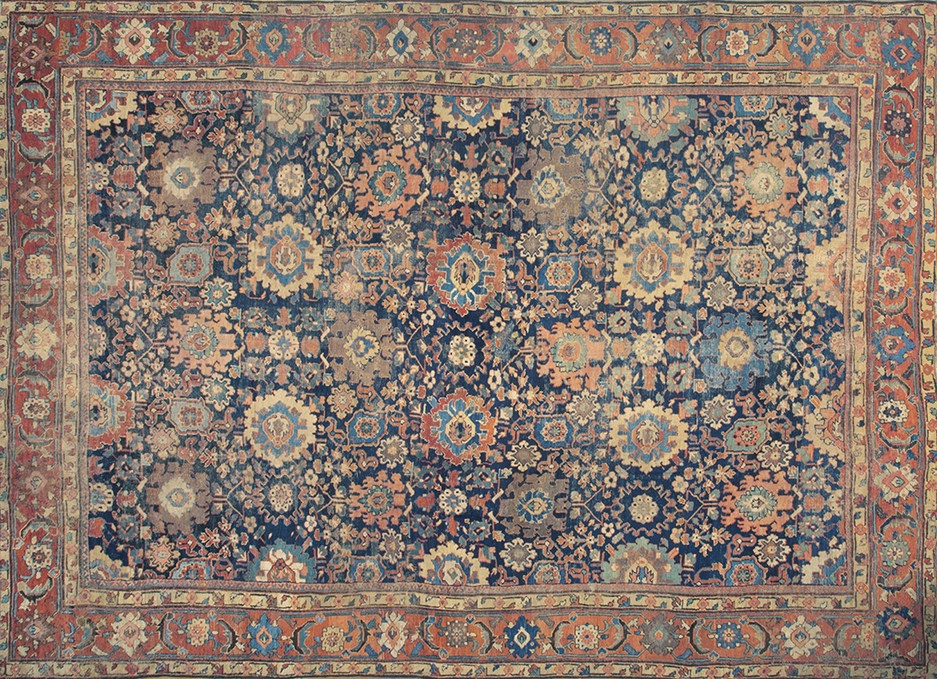 Full view of an antique traditional wool rug featuring complex geometric patterns and deep colors - by rugs on net