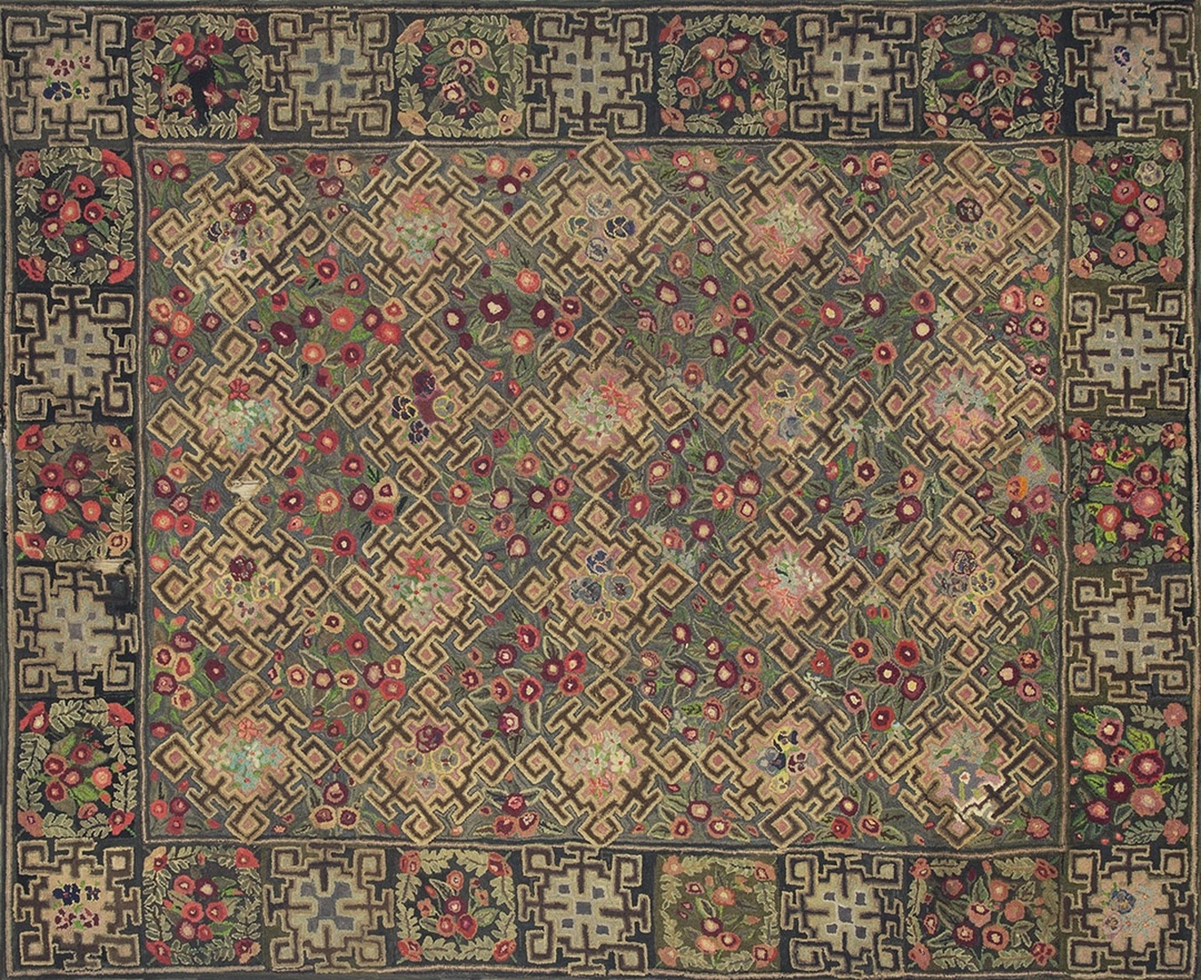 Antique gray wool and cotton rug featuring a textured hooked loop pile design - by rugs on net