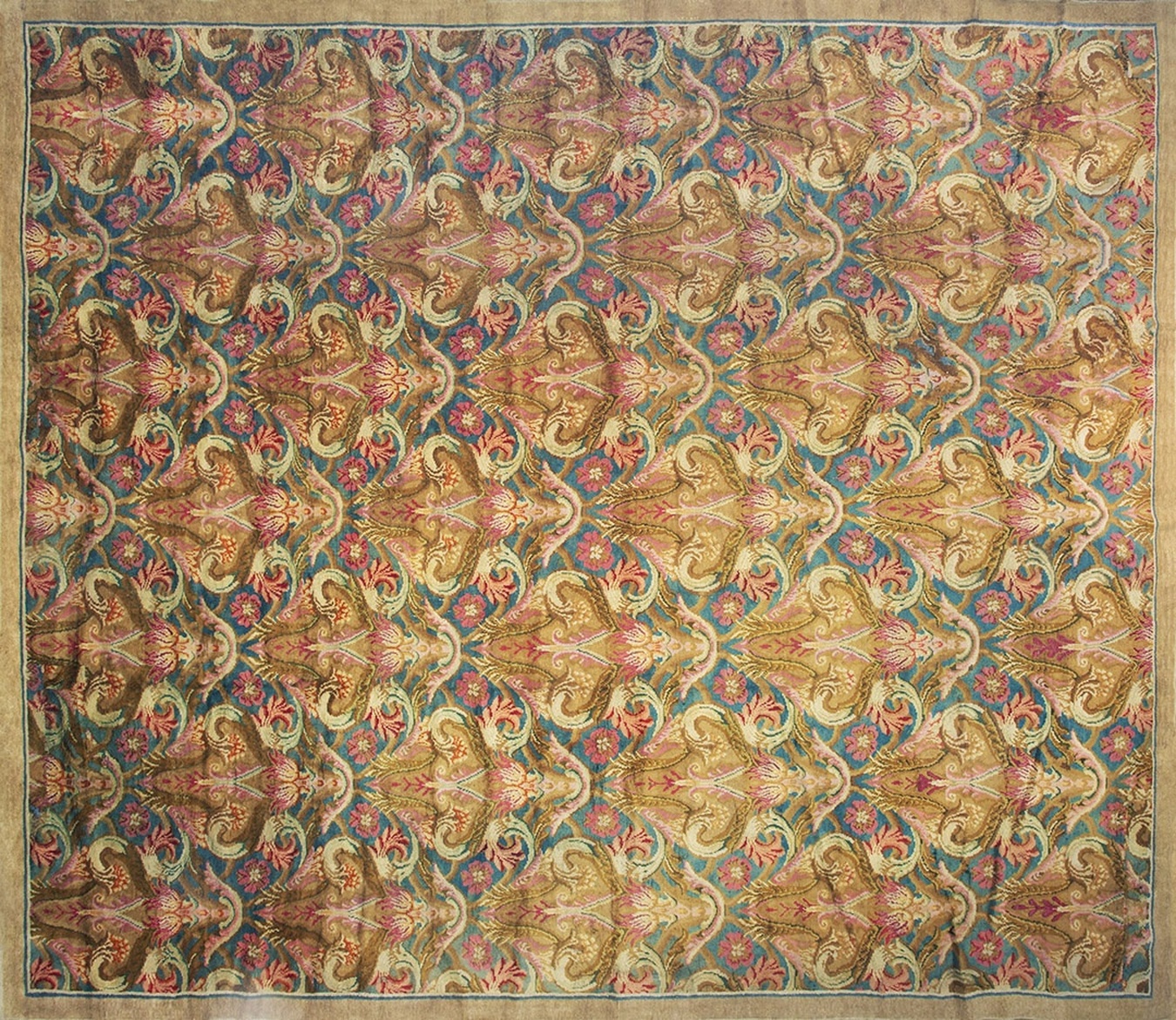 Full view of antique 1750s blue wool hand-knotted rug with elaborate geometric pattern - by rugs on net