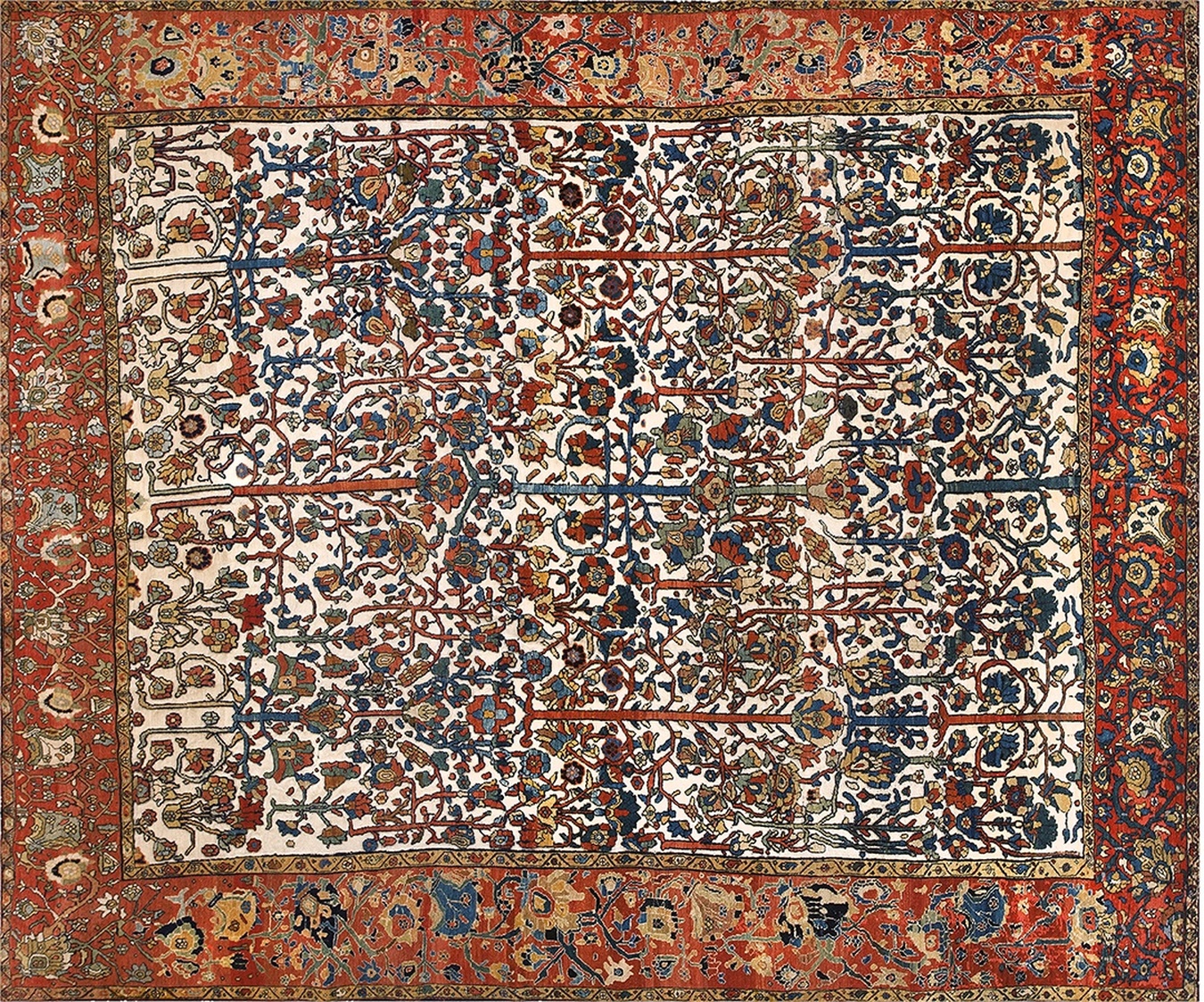 Antique wool and silk ivory beige cream white hand knotted pile rug - by rugs on net