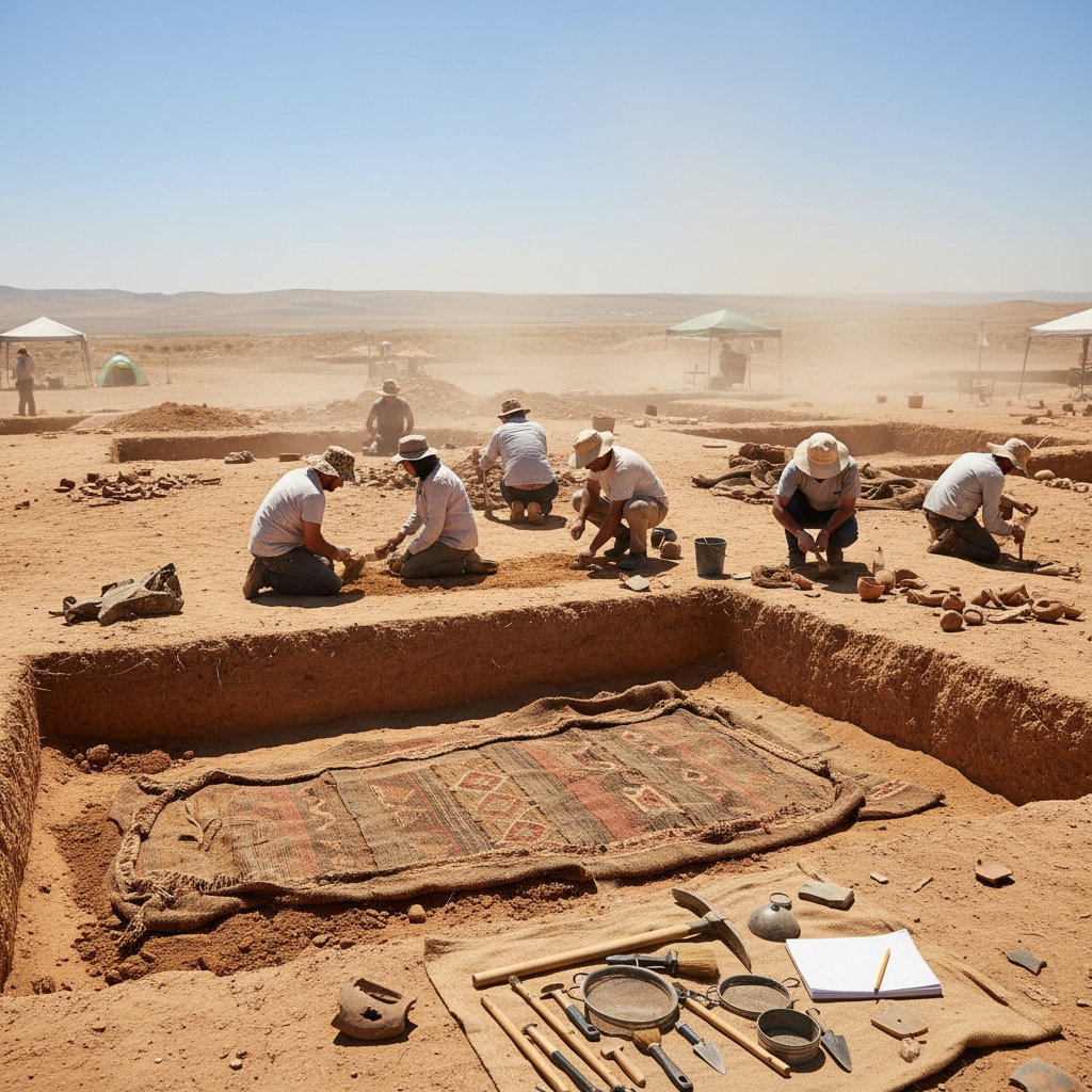 Archaeologists carefully excavating a desert site revealing a large patterned textile lying flat in the trench – by rugs on net