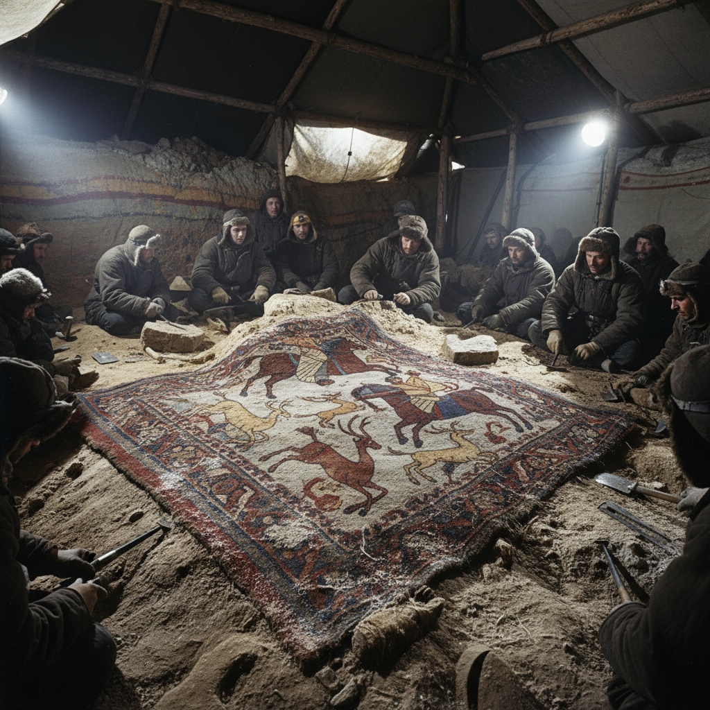 Men gathered around an unearthed rug displaying figures on horseback and animals on sandy ground inside a tent – by rugs on net