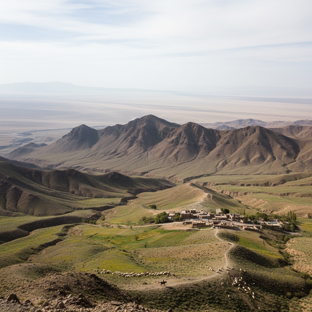 High-angle view of a small village nestled in rolling, arid hills against a backdrop of large mountains – by rugs on net