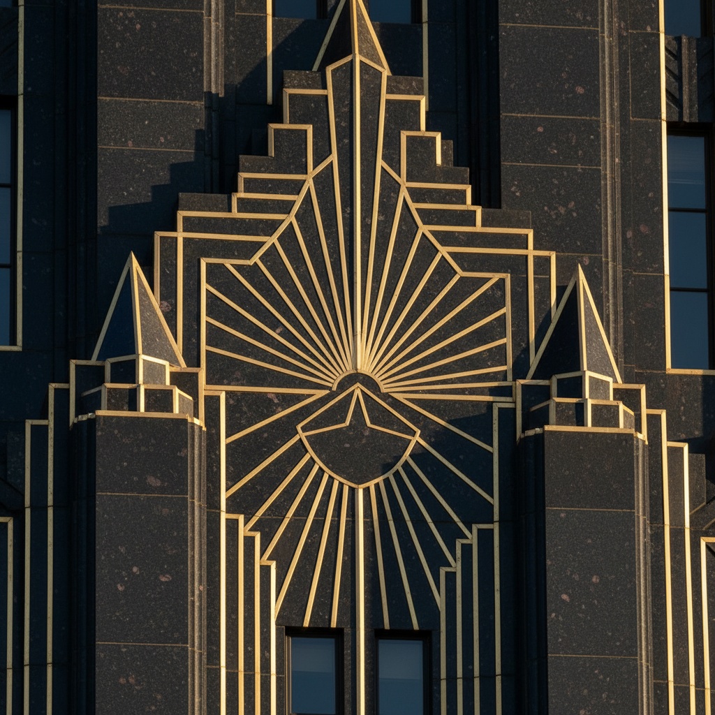Symmetrical sunburst pattern in gold lines against dark granite building facade – by rugs on net