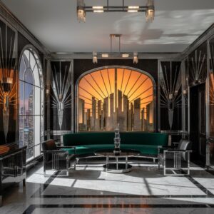 Luxurious art deco interior with black, chrome, and green seating against a stylized sunset cityscape backdrop – by rugs on net