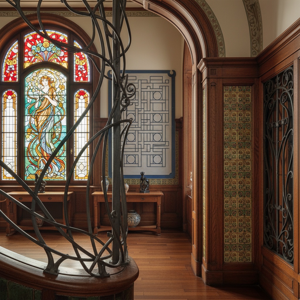 Curving wrought iron stair railing in front of a large arched stained glass window – by rugs on net