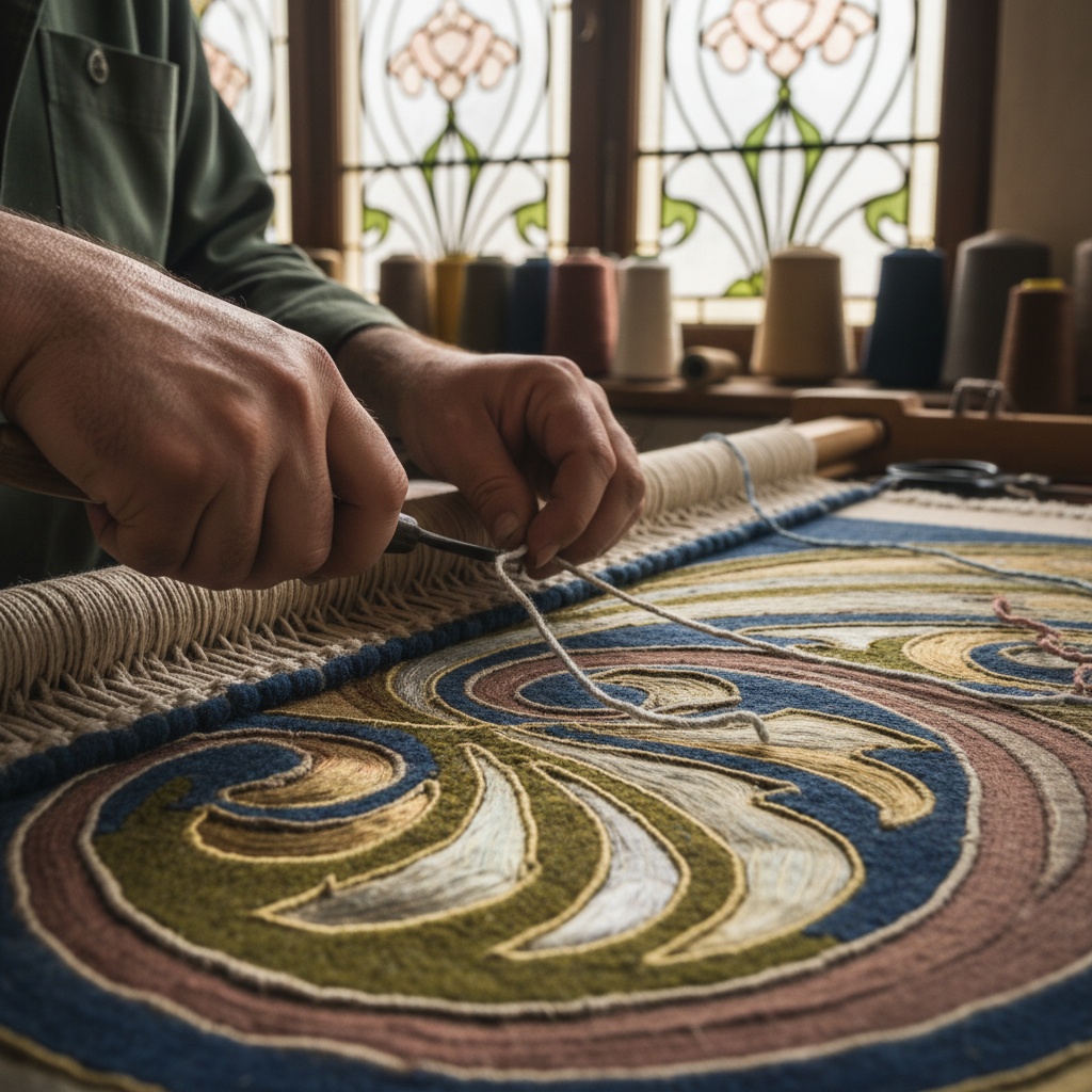 Close-up of hands using a tool to knot yarn into a richly colored, swirling textile design – by rugs on net