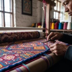 Close-up of hands using scissors to trim yarn on a brightly colored, patterned rug on a loom – by rugs on net