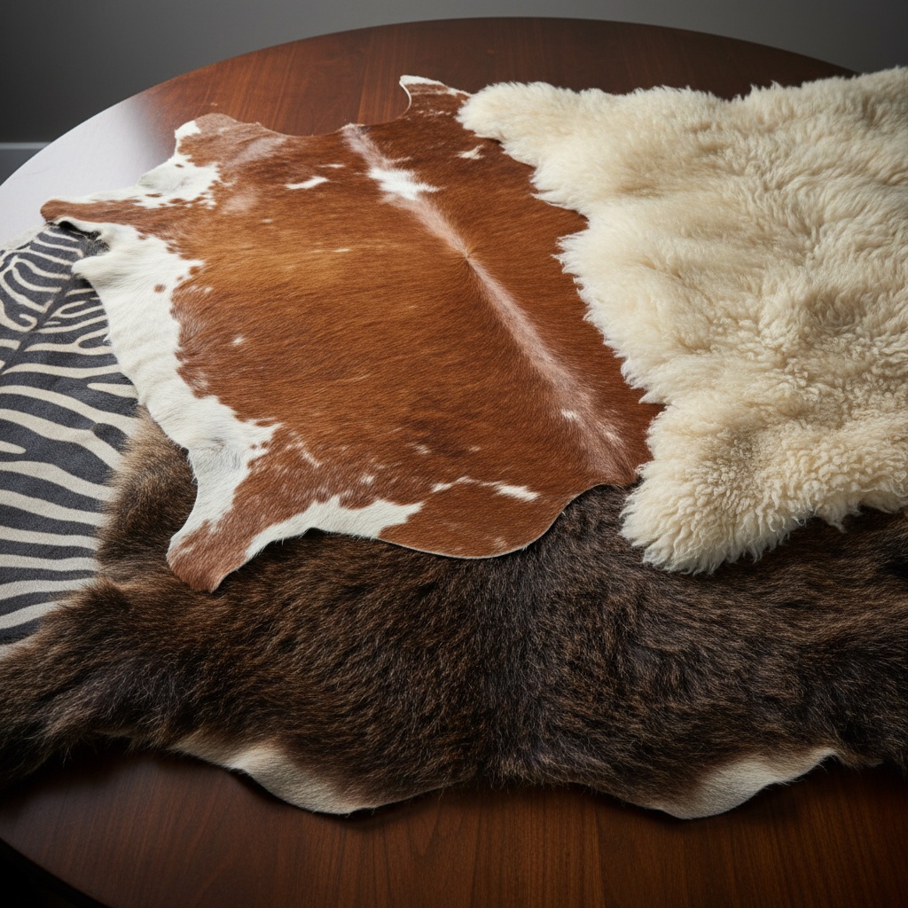 Three distinct animal pelts, including a brown and white cowhide, a cream fluffy sheepskin, and a dark brown fur rug, layered over a zebra print fabric and a wooden table – by rugs on net