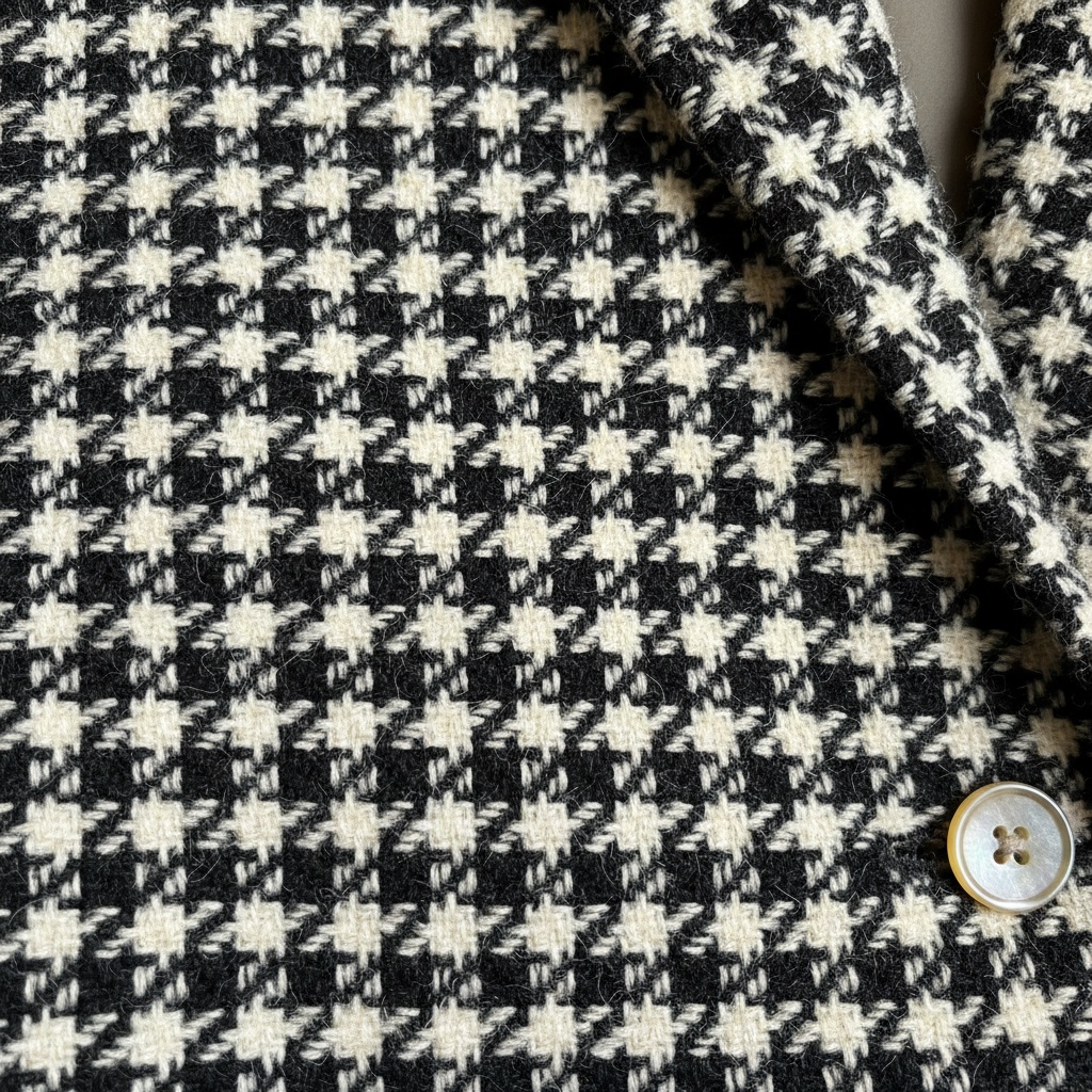 Close-up of a black and white woven houndstooth pattern fabric featuring a mother-of-pearl button – by rugs on net