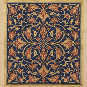 Symmetrical pattern of red and gold scrolling arabesques on a deep blue background with a gold border – by rugs on net