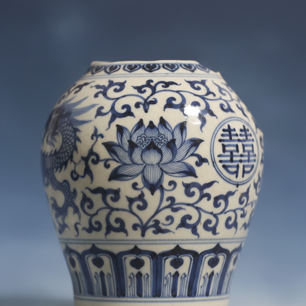 Close-up of a blue and white porcelain vase featuring a lotus flower, dragon, and double happiness symbol – by rugs on net