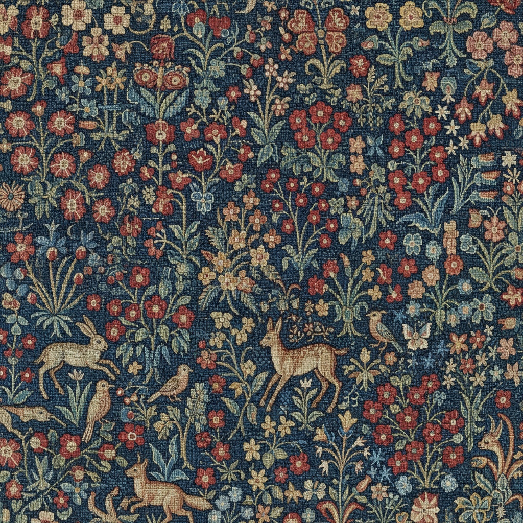 Dense blue textile pattern featuring red flowers, foliage, rabbits, deer, birds, and butterflies – by rugs on net