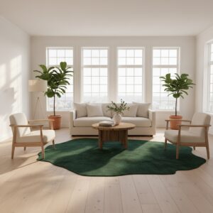 Light wood floor living room with off-white sofa, wooden chairs, and a dark green rug – by rugs on net