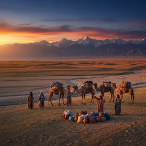 Caravan stop with camels, people in traditional dress, and piled textiles and pottery at sunset – by rugs on net