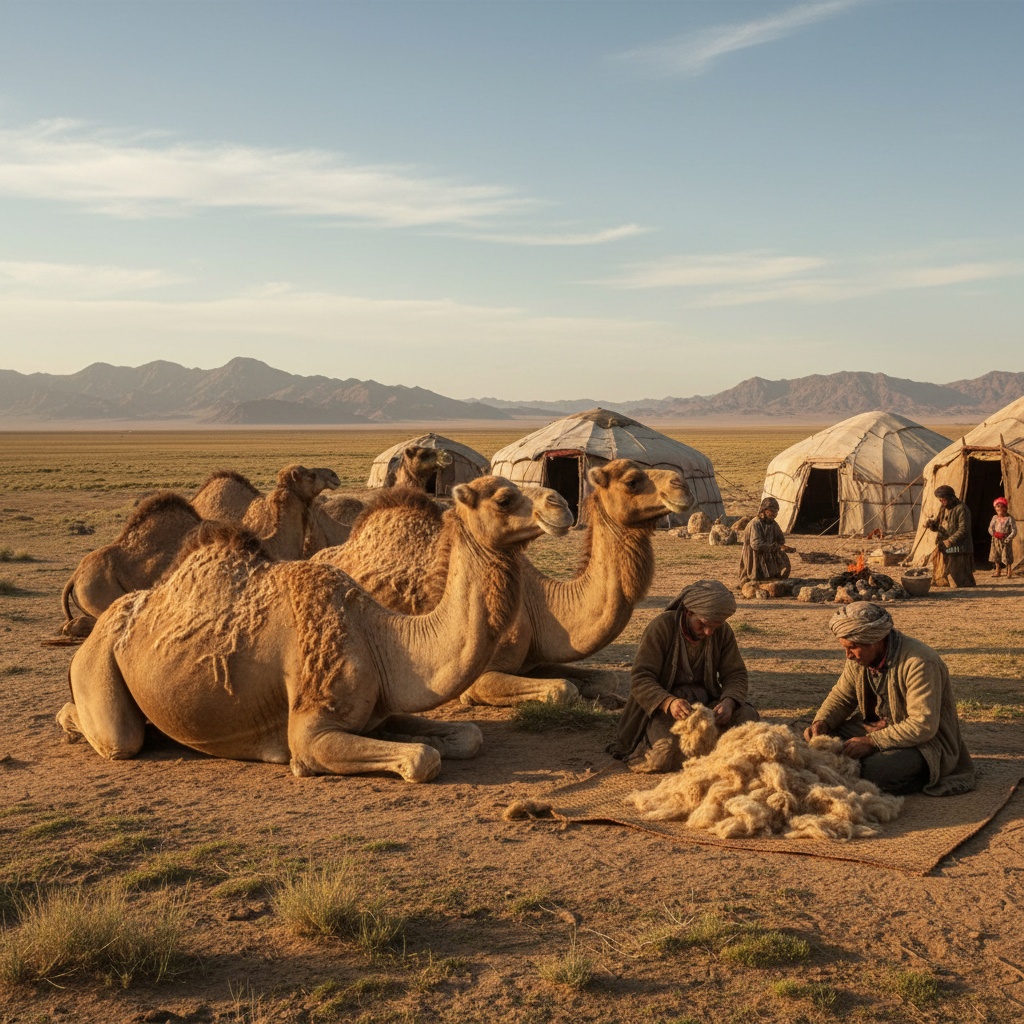 Several bactrian camels rest near round tents in a dry, mountainous plain setting – by rugs on net