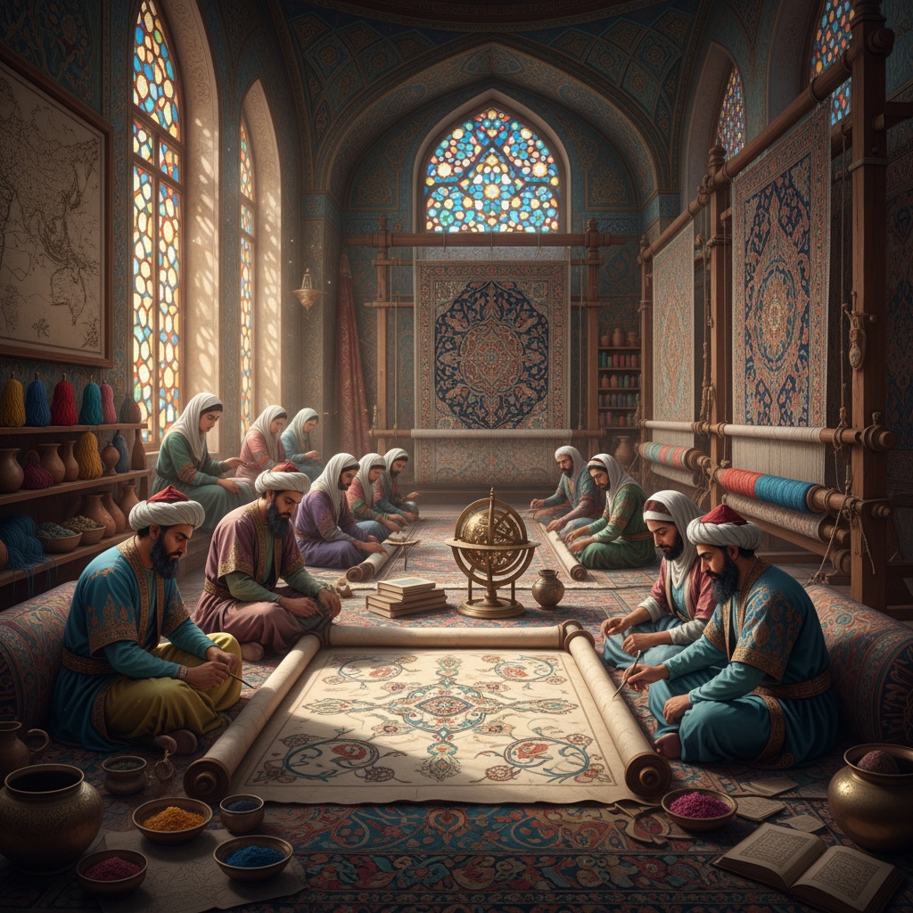 Artisans reviewing a large, unrolled carpet design pattern on the floor – by rugs on net