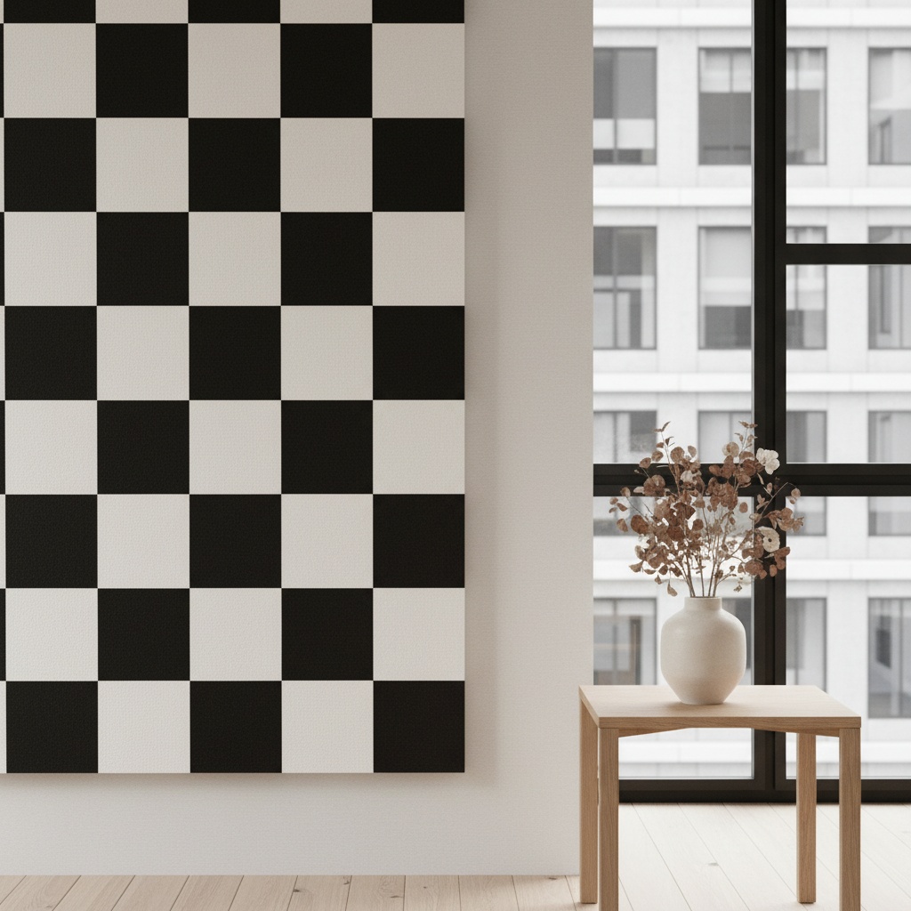 Large black and white checkerboard pattern wall art hangs above a light wood table with a vase of dried botanicals – by rugs on net