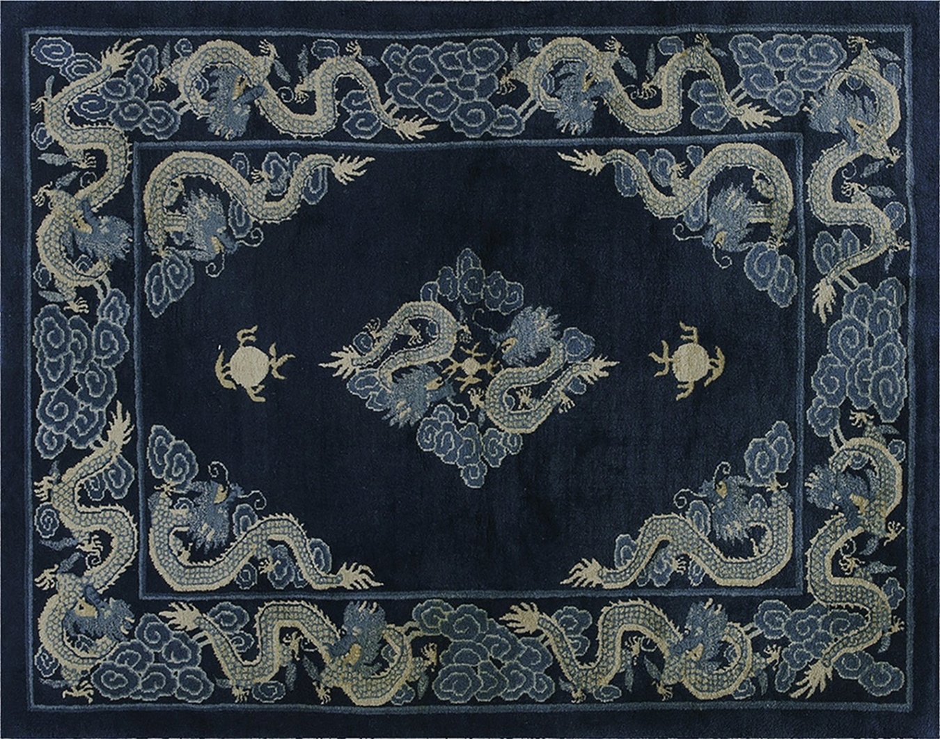 Antique chinese area rug featuring a traditional floral medallion on a soft blue background - by rugs on net