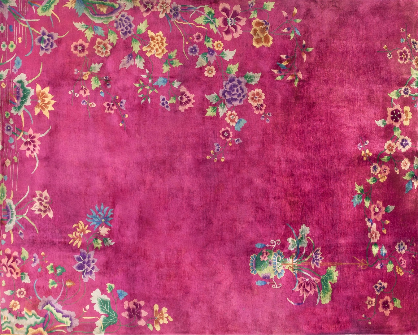 Antique chinese art deco knotted wool rug in a rectangle room size coral color - by rugs on net