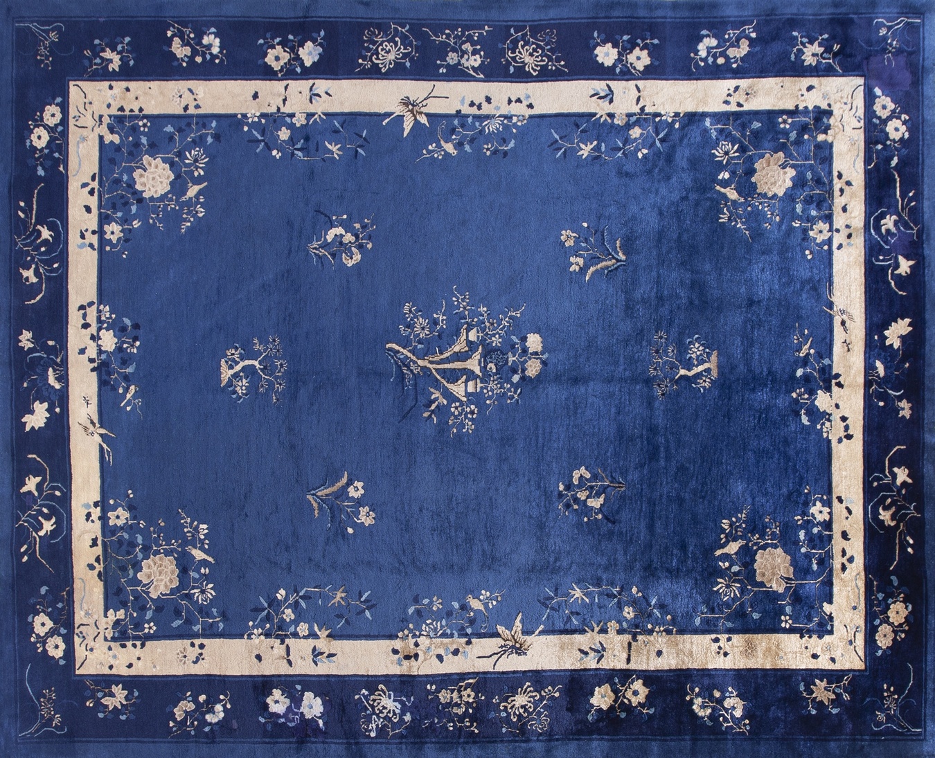 Full view of a vintage 1920s chinese peking blue wool antique room size rectangle rug - by rugs on net