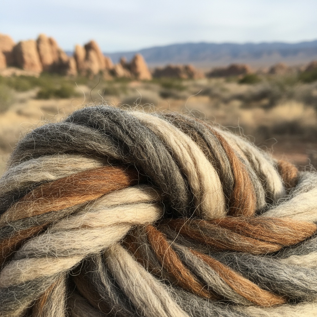 Close-up of thick, multicolored wool roving in shades of gray, brown, and beige set against a blurred desert landscape with rock formations – by rugs on net