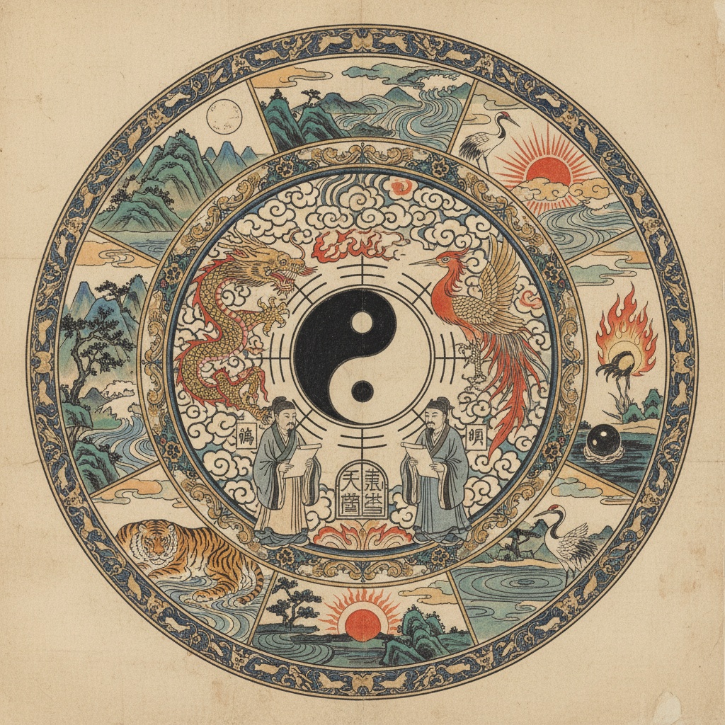 Circular diagram featuring a central yin yang motif symbol surrounded by animals, landscapes, and figures – by rugs on net
