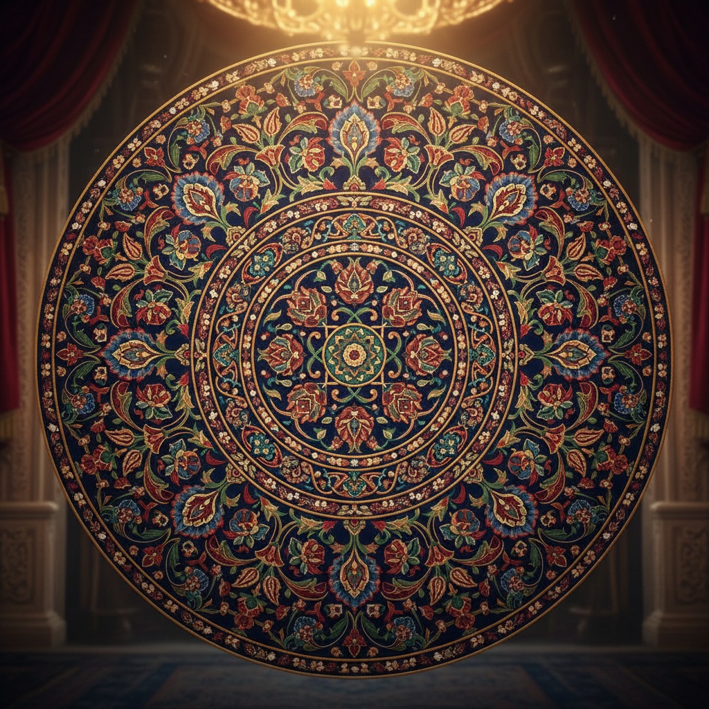 Richly colored circular rug featuring intricate, symmetrical floral and vine motifs on a dark blue field, set within an interior space with red curtains and pillars – by rugs on net