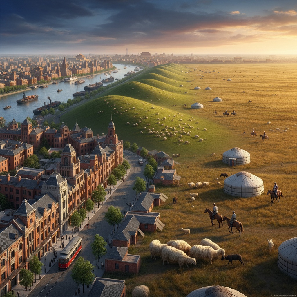 City buildings border a river and rolling green hills leading to a vast plain with yurts, sheep, and horse riders – by rugs on net