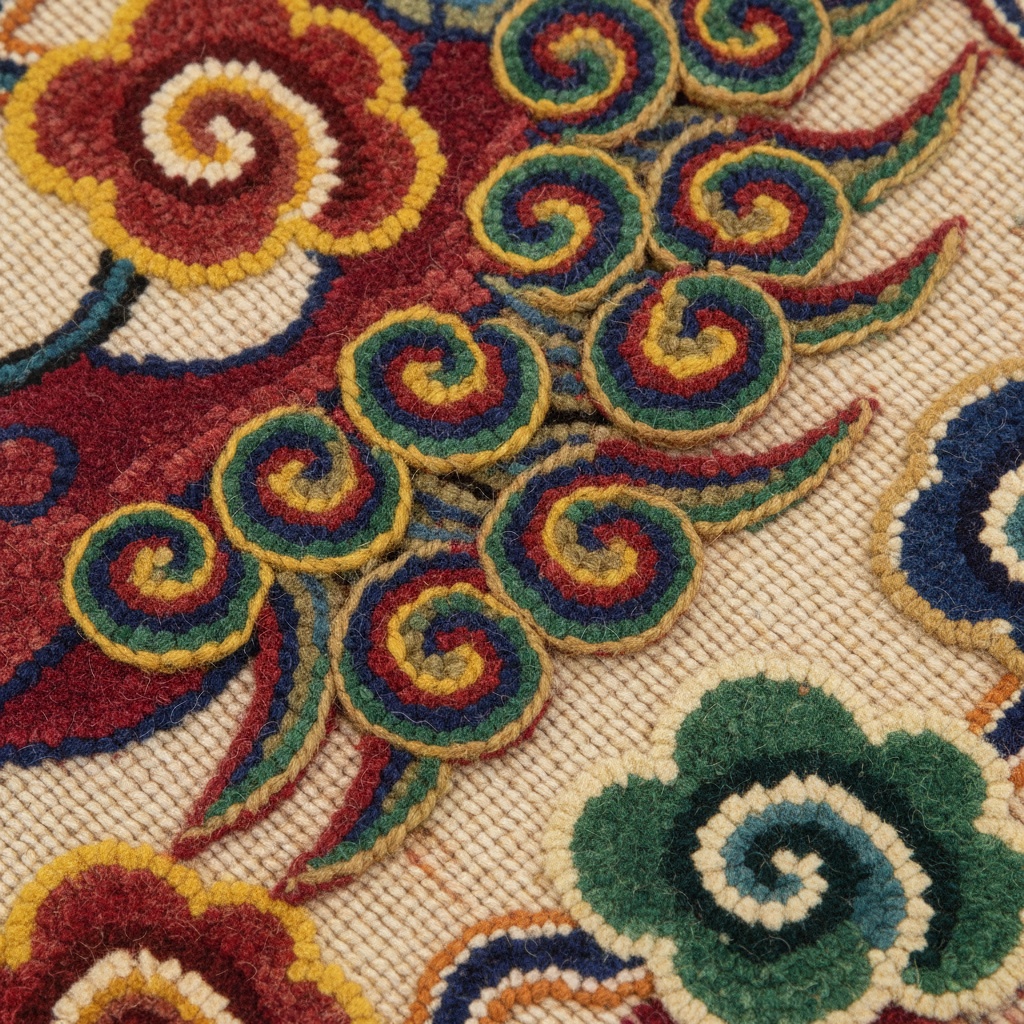 Close-up of a beige textile featuring raised, colorful hooked wool designs of swirling cloud motifs – by rugs on net