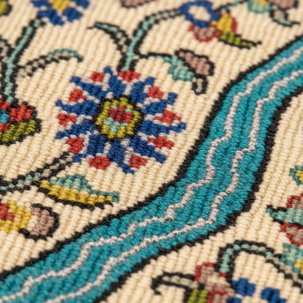 Macro view of tightly woven textile featuring blue, red, and yellow floral motifs against a cream background and a turquoise band – by rugs on net