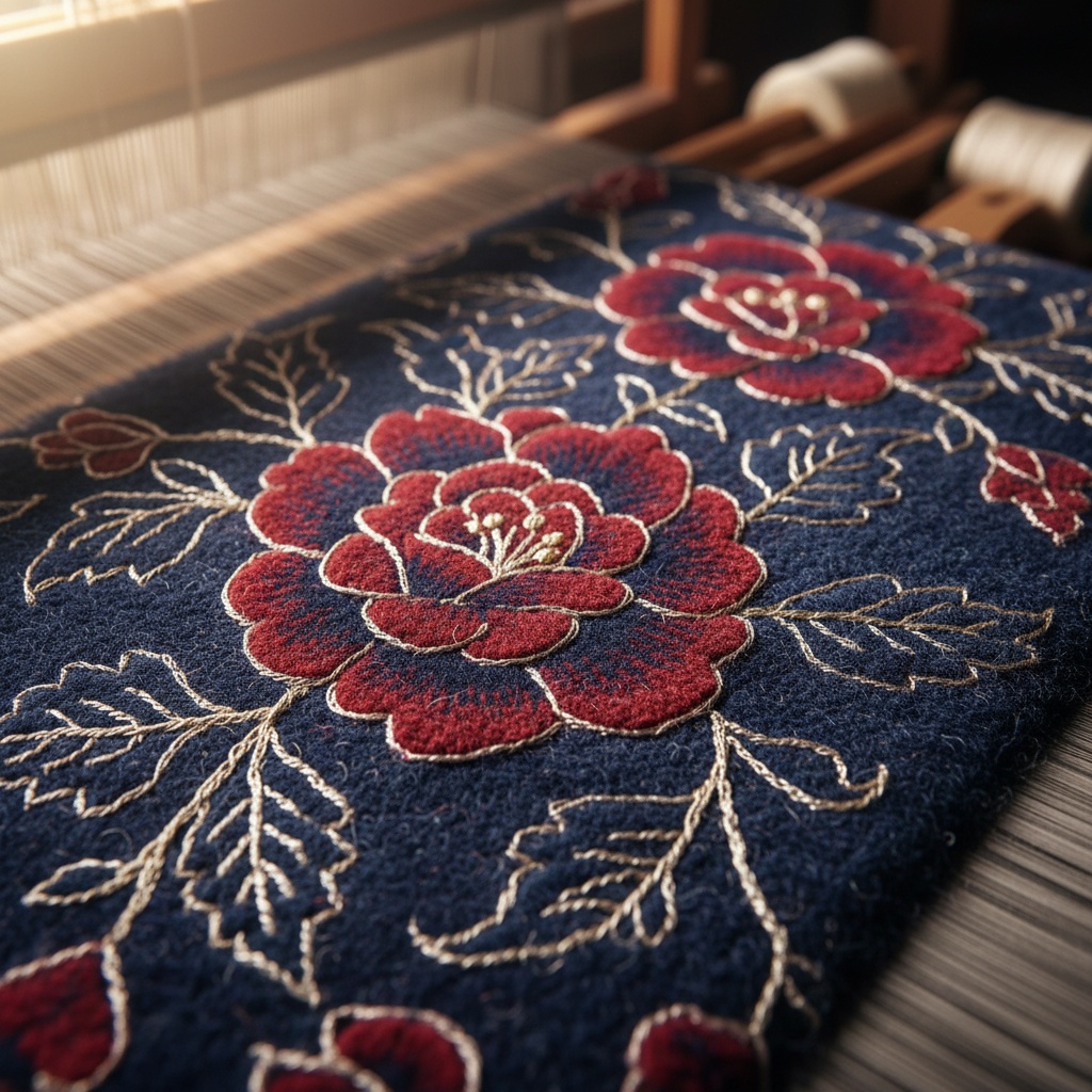 Close-up of dark blue textile with raised red floral embroidery outlined in gold thread on a weaving loom – by rugs on net