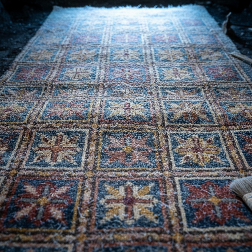 A low-angle view of a densely patterned rug with repeating square motifs – by rugs on net