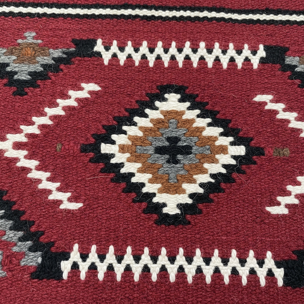 Close-up of a native american woven textile featuring a diamond motif in red, black, white, brown, and gray yarns, surrounded by zigzag patterns – by rugs on net