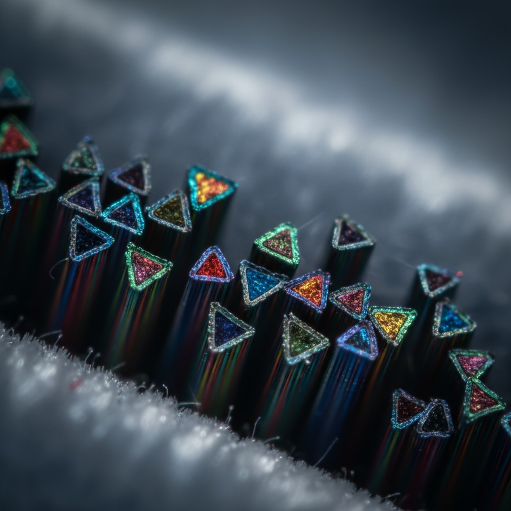 Macro view of many small, dark rods with iridescent, multicolored triangular cross-sections – by rugs on net